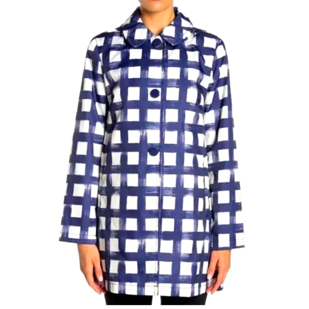 Kate Spade Rain Jacket Large Blue White Windowpane Print Fall Winter Rain Coat